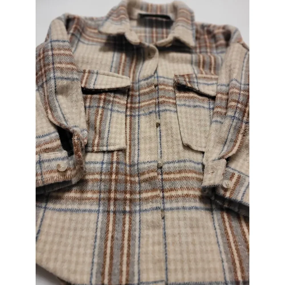 Lola Kids Plaid Shacket Jacket Size S Beige Blue Brown Wool Blend Button Front